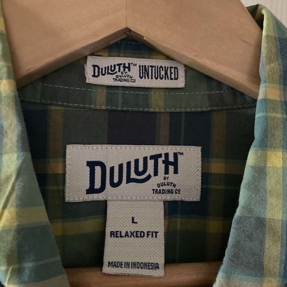 Duluth Untucked Men's L Relaxed Fit SS Button Down Plaid Cotton Shirt Green Teal - Picture 5 of 14